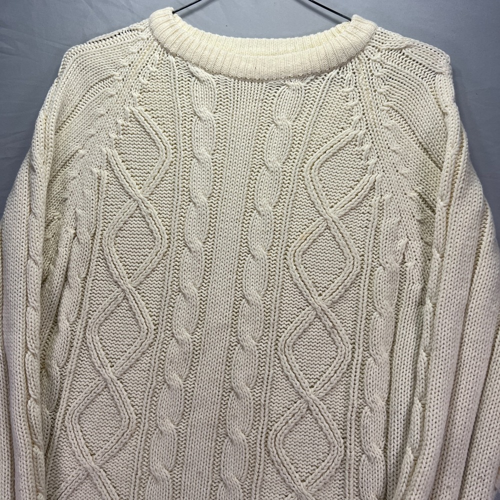 Vintage Grandma Sweater Women Large White Ivory Cable Knit Fisherman Acrylic 70s